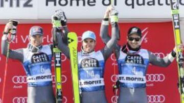 Triplete franc&eacute;s en St. Moritz: de izquierda a derecha, Alexis Pinturaul, Thomas Fanara, el ganador, y Mathieu Faivre. 