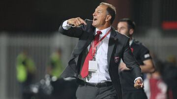 Albania's coach Gianni De Biasi gestures during the World Cup 2018 qualifier football match Albania vs Macedonia in Loro Borici stadium in the city of Shkoder on September 5, 2016. / AFP / GENT SHKULLAKU (Photo credit should read GENT SHKULLAKU/AFP/Getty Images)