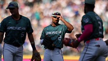 SEATTLE, WASHINGTON - JULY 11: Marcus Semien #2 of the Texas Rangers looks on during the 93rd MLB All-Star Game presented by Mastercard at T-Mobile Park on July 11, 2023 in Seattle, Washington.   Tim Nwachukwu/Getty Images/AFP (Photo by Tim Nwachukwu / GETTY IMAGES NORTH AMERICA / Getty Images via AFP)