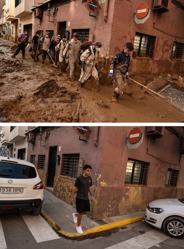 Imagen superior: Un grupo de voluntarios caminan por el barro en la calle mientras el área se recupera de las inundaciones generalizadas en el municipio de Massanassa. Imagen inferior: La misma zona un año después. 