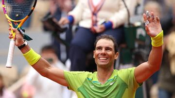 Rafael Nadal of Spain celebrates winning match point against Jordan Thompson of Australia.