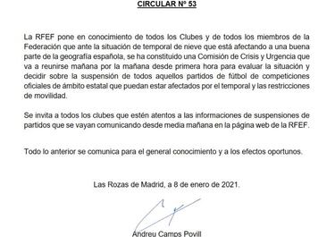 La RFEF crea una Comisi車n de crisis que valorar芍 la suspensi車n de partidos