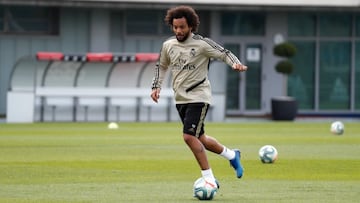 Marcelo en el primer entrenamiento del Real Madrid tras dos meses de parón, 