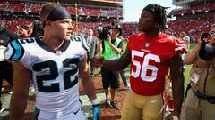 (FILES) In this file photo taken on September 10, 2017  Christian McCaffrey #22 of the Carolina Panthers talks to Reuben Foster #56 of the San Francisco 49ers after their game at Levi&#039;s Stadium in Santa Clara, California. - The San Francisco 49ers said on November 25, 2018 the club was releasing linebacker Reuben Foster following an arrest for domestic violence in Florida on Saturday. Foster, 24, was taken into police custody late Saturday following the allegations at the team hotel in Tampa, where the 49ers are due to face the Buccaneers later on Sunday. (Photo by EZRA SHAW / GETTY IMAGES NORTH AMERICA / AFP)
