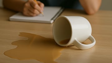 Tipped cup spilled - artist's impression