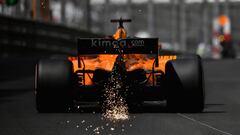 MONTE-CARLO, MONACO - MAY 26: Sparks fly behind Fernando Alonso of Spain driving the (14) McLaren F1 Team MCL33 Renault on track during final practice for the Monaco Formula One Grand Prix at Circuit de Monaco on May 26, 2018 in Monte-Carlo, Monaco.  (Pho