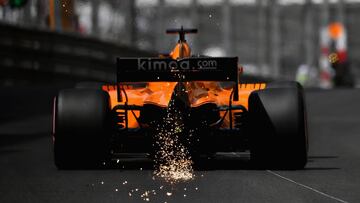 MONTE-CARLO, MONACO - MAY 26: Sparks fly behind Fernando Alonso of Spain driving the (14) McLaren F1 Team MCL33 Renault on track during final practice for the Monaco Formula One Grand Prix at Circuit de Monaco on May 26, 2018 in Monte-Carlo, Monaco. (Pho