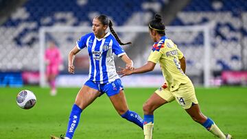 (L-R), Myra Delgadillo of Monterrey and Monica Rodriguez of America during the game Monterrey vs America, corresponding to Round 17 of the Torneo Apertura 2023 of the Womens Liga BBVA MX, at BBVA Bancomer Stadium, on November 03, 2023. 

<br><br>

(I-D), Myra Delgadillo de Monterrey y Monica Rodriguez de America durante el partido Monterrey vs America, correspondiente a la Jornada 17 del Torneo Apertura 2023 de la Liga BBVA MX Femenil, en el Estadio BBVA Bancomer el 03 de Noviembre de 2023