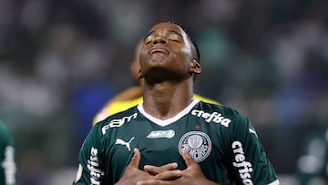 Soccer Football - Brasileiro Championship - Palmeiras v Fortaleza -  Allianz Parque, Sao Paulo, Brazil - November 2, 2022 Palmeiras' Endrick celebrates scoring their fourth goal with teammates REUTERS/Amanda Perobelli