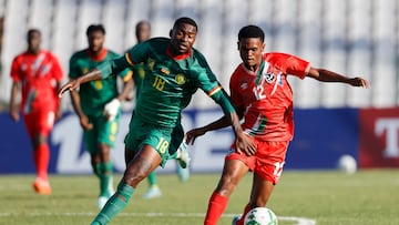 Namibia's Edmar Kamatuka (R) is challenged by Cameroon's Martin Hongla (L) during the 2023 Africa Cup of Nations (CHAN) Group C qualifier match between Namibia and Cameroon at the Dobsonville Stadium in Soweto on March 28, 2023. (Photo by PHILL MAGAKOE / AFP)