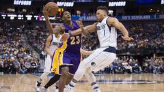 Jan 22, 2017; Dallas, TX, USA; Dallas Mavericks guard Justin Anderson (1) fouls Los Angeles Lakers guard Louis Williams (23) during the second half at the American Airlines Center. The Mavericks defeat the Lakers 122-73. Mandatory Credit: Jerome Miron-USA TODAY Sports