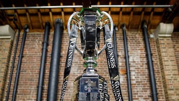 The Six Nations trophy is pictured during the 6 Nations Rugby Union launch event in east London on January 22, 2020. (Photo by Tolga AKMEN / AFP)