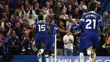 Chelsea's English midfielder #07 Raheem Sterling (C) celebrates with teammates after scoring his team's second goal during the English Premier League football match between Chelsea and Luton at Stamford Bridge in London on August 25, 2023. (Photo by HENRY NICHOLLS / AFP) / RESTRICTED TO EDITORIAL USE. No use with unauthorized audio, video, data, fixture lists, club/league logos or 'live' services. Online in-match use limited to 120 images. An additional 40 images may be used in extra time. No video emulation. Social media in-match use limited to 120 images. An additional 40 images may be used in extra time. No use in betting publications, games or single club/league/player publications. /