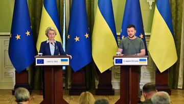 Ukrainian President Volodymyr Zelensky (R) and European Commission President Ursula von der Leyen make statements following their talks in Kyiv on June 11, 2022. - EU chief Ursula von der Leyen visited Ukraine on June 11, 2022 to discuss the country's hopes of joining the bloc, as President Volodymyr Zelensky warned the world not to look away from the conflict devastating his country. (Photo by Sergei SUPINSKY / AFP) (Photo by SERGEI SUPINSKY/AFP via Getty Images)