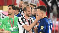 ROME, ITALY - MAY 11: Giorgio Chiellini of Juventus interacts with Ivan Perisic of FC Internazionale following the Coppa Italia Final match between Juventus and FC Internazionale at Stadio Olimpico on May 11, 2022 in Rome, Italy. (Photo by Francesco Pecoraro/Getty Images)