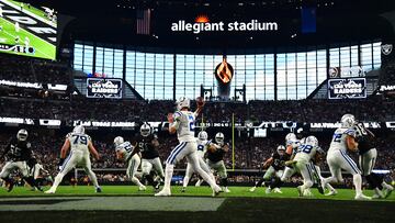 Nov 13, 2022; Paradise, Nevada, USA; Indianapolis Colts quarterback Matt Ryan (2) throws against the Las Vegas Raiders during the second half at Allegiant Stadium. Mandatory Credit: Gary A. Vasquez-USA TODAY Sports