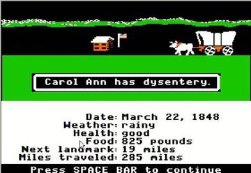 Imagen de The Oregon Trail, donde se nos anuncia que una de nuestras compañeras padece disentería.