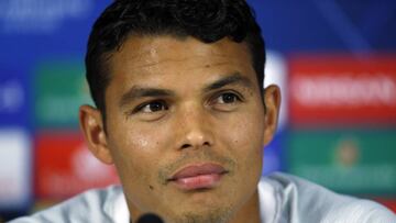 FILE - In this Monday, Sept. 30, 2019 file photo, PSG's Thiago Silva attends a press conference ahead of Tuesday's Champions League group A soccer match against Galatasaray, in Istanbul. Hundreds of players across Europe's soccer leagues ha