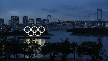 TOKYO, JAPAN - JUNE 03: The Olympic Rings are displayed by the Odaiba Marine Park Olympic venue on June 03, 2021 in Tokyo, Japan. Tokyo 2020 president Seiko Hashimoto has stated that she is 100 percent certain that the Olympics will go ahead despite wides