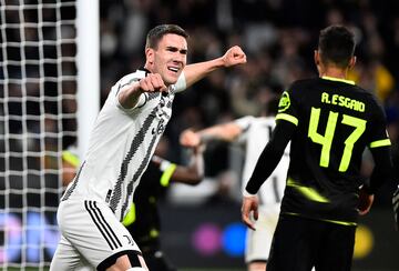 Goals | Juventus' Dusan Vlahovic celebrates the first goal against Sporting CP in the Europa League.