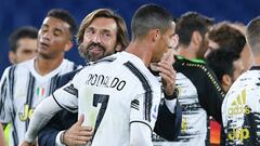 Andrea Pirlo coach of Juventus hugs Cristiano Ronaldo of Juventus FC at the end of the Italian championship Serie A football match between AS Roma and Juventus FC on September 27, 2020 at Stadio Olimpico in Rome, Italy - Photo Giuseppe Maffia / Sportphoto