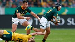 South Africa&#039;s winger Cheslin Kolbe is tackled by Australia&#039;s fullback Dane Haylett-Petty during the Rugby Championship match between South Africa and Australia at Nelson Mandela Bay Stadium in Port Elizabeth, South Africa, on September 29, 2018