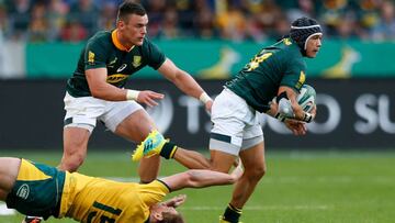 South Africa&#039;s winger Cheslin Kolbe is tackled by Australia&#039;s fullback Dane Haylett-Petty during the Rugby Championship match between South Africa and Australia at Nelson Mandela Bay Stadium in Port Elizabeth, South Africa, on September 29, 2018