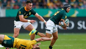South Africa&#039;s winger Cheslin Kolbe is tackled by Australia&#039;s fullback Dane Haylett-Petty during the Rugby Championship match between South Africa and Australia at Nelson Mandela Bay Stadium in Port Elizabeth, South Africa, on September 29, 2018