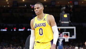 Oct 27, 2021; Oklahoma City, Oklahoma, USA; Los Angeles Lakers guard Russell Westbrook (0) reacts after being ejected from the game against the Oklahoma City Thunder during the second half at Paycom Center. Oklahoma City won 123-115. Mandatory Credit: Alonzo Adams-USA TODAY Sports