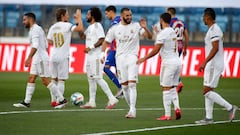 Marcelo of Real Madrid celebrates a goal during the spanish league, LaLiga, football match played between Real Madrid and SD Eibar at Alfredo Di Stefano Stadium at Ciudad Deportiva Real Madrid in the restart of the Primera Division tournament after to the