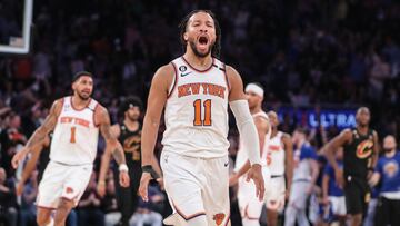 Apr 23, 2023; New York, New York, USA; New York Knicks guard Jalen Brunson (11) celebrates after making a three point basket during game four of the 2023 NBA playoffs against the Cleveland Cavaliers at Madison Square Garden. Mandatory Credit: Wendell Cruz-USA TODAY Sports