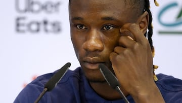 France's midfielder Eduardo Camavinga gives a press conference at the Jassim-bin-Hamad Stadium in Doha on November 20, 2022, ahead of the Qatar 2022 World Cup football tournament. (Photo by FRANCK FIFE / AFP)