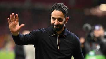 Manchester United's Portuguese head coach Ruben Amorim reacts as he celebrates his team's victory at the end of the UEFA Europa League semi final second leg football match between Manchester United and Athletic Club Bilbao at Old Trafford stadium in Manchester, north west England, on May 8, 2025. (Photo by Oli SCARFF / AFP)