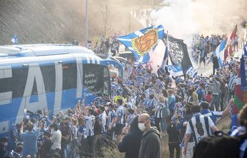 Real Sociedad fans cheer the team on their way down to Seville for the Copa del Rey final.