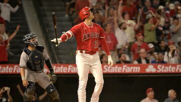 Jul 17, 2023; Anaheim, California, USA;  Los Angeles Angels designated hitter Shohei Ohtani (17) flips his bat after hitting a two-run home run in the seventh inning against the New York Yankees at Angel Stadium. Mandatory Credit: Jayne Kamin-Oncea-USA TODAY Sports