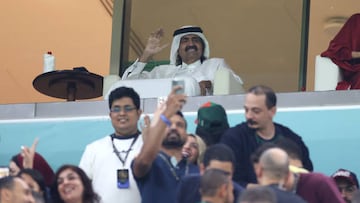 LUSAIL CITY, QATAR - DECEMBER 06: Sheikh Tamim bin Hamad Al Thani of Qatar waves prior to the FIFA World Cup Qatar 2022 Round of 16 match between Portugal and Switzerland at Lusail Stadium on December 06, 2022 in Lusail City, Qatar. (Photo by Michael Steele/Getty Images)