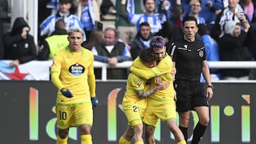 David Mella y Mario Soriano festejan el gol del Deportivo de La Coruña al Burgos.