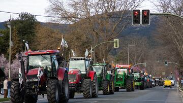 Varios tractores se dirigen hacia el centro de la ciudad de Madrid durante la décimosexta jornada de protestas de los tractores en las carreteras españolas, a 21 de febrero de 2024, en Guadarrama, Madrid (España). Agricultores y ganaderos de toda España han sacado sus tractores a las carreteras por décimosexta día consecutivo, para pedir mejoras en el sector, entre ellas exigir ayudas para afrontar las sequías que sufre el campo. Además, protestan contra las políticas europeas y su falta de rentabilidad. Cientos de tractores comenzaron ayer su marcha lenta hacia Madrid donde está prevista hoy una gran protesta que dé voz al malestar del campo. Los agricultores avanzan en cinco columnas diferentes que confluyen en la capital, intentando colapsar el tráfico.  Esta movilización se produce cinco días después de la reunión que tuvo el ministro de Agricultura con las asociaciones agrarias en Madrid y acabó sin acuerdo a pesar de las medidas ofrecidas por parte de Planas.
21 FEBRERO 2024Ç;TRACTORES;AGRICULTURA;PORTESTAS;CAMPO;;PIXELADA
Rafael Bastante / Europa Press
21/02/2024