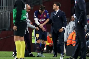 Things look positive as Messi gets up and walks along the touchline.