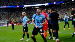 Jul 6, 2024; Las Vegas, NV, USA; Uruguay midfielder Federico Valverde (15) reacts after defeating Brazil at Allegiant Stadium. Mandatory Credit: Lucas Peltier-USA TODAY Sports
