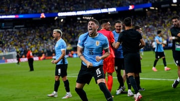Jul 6, 2024; Las Vegas, NV, USA; Uruguay midfielder Federico Valverde (15) reacts after defeating Brazil at Allegiant Stadium. Mandatory Credit: Lucas Peltier-USA TODAY Sports