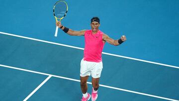 Melbourne (Australia), 27/01/2020.- Rafael Nadal of Spain celebrates after winning his fourth round match against Nick Kyrgios of Australia at the Australian Open tennis tournament at Melbourne Park in Melbourne, Australia, 27 January 2020. (Tenis, Abierto, Espa&ntilde;a) EFE/EPA/DAVE HUNT AUSTRALIA AND NEW ZEALAND OUT