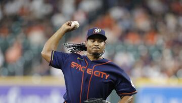 HOUSTON, TEXAS - MAY 01: Luis Garcia #77 of the Houston Astros delivers during the first inning against the San Francisco Giants at Minute Maid Park on May 01, 2023 in Houston, Texas.   Carmen Mandato/Getty Images/AFP (Photo by Carmen Mandato / GETTY IMAGES NORTH AMERICA / Getty Images via AFP)