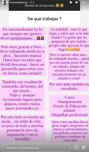 La respuesta de María Isabel sobre su trabajo actual.