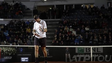 Juan Martin Del Potro of Argentina touches the racket during his quarterfinal match against Novak Djokovic of Serbia, at the Italian Open tennis tournament in Rome, Friday, May 17, 2019. (AP Photo/Alessandra Tarantino)