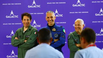 Col. Walter Villadei, Pantaleone Carlucci and Lt. Col. Angelo Landolfi, crew from Italy, pose one day before the company's first commercial flight to the edge of space, at the Spaceport America facility, in Truth or Consequences, New Mexico, U.S., June 28, 2023. REUTERS/Jose Luis Gonzalez REFILE - CORRECTING LAST NAME