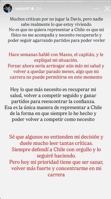 Tabilo explica su ausencia en la Copa Davis y le deja un mensaje a Chile: “Nadie sabe...”