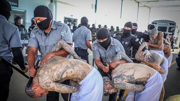 Prison agents guard gang members as they are processed at their arrival after 2000 gang members were transferred to the Terrorism Confinement Center, according to El Salvador's President Nayib Bukele, in Tecoluca, El Salvador, in this handout distributed to Reuters on February 24, 2023. Secretaria de Prensa de la Presidencia/Handout via REUTERS ATTENTION EDITORS - THIS IMAGE HAS BEEN SUPPLIED BY A THIRD PARTY. NO RESALES. NO ARCHIVES