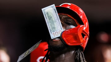Jun 23, 2025; Cincinnati, Ohio, USA; Cincinnati Reds shortstop Elly De La Cruz (44) reacts after hitting a solo home run in the eighth inning against the New York Yankees at Great American Ball Park. Mandatory Credit: Katie Stratman-Imagn Images TPX IMAGES OF THE DAY