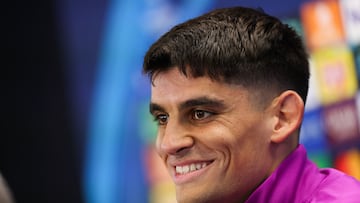 Barcelona's Spanish defender #18 Gerard Martin attends a press conference on the eve of the UEFA Champions League league phase day 6 football match between FC Barcelona and Eintracht Frankfurt at the Joan Gamper training ground in Sant Joan Despi, near Barcelona, on December 8, 2025. (Photo by Lluis GENE / AFP)